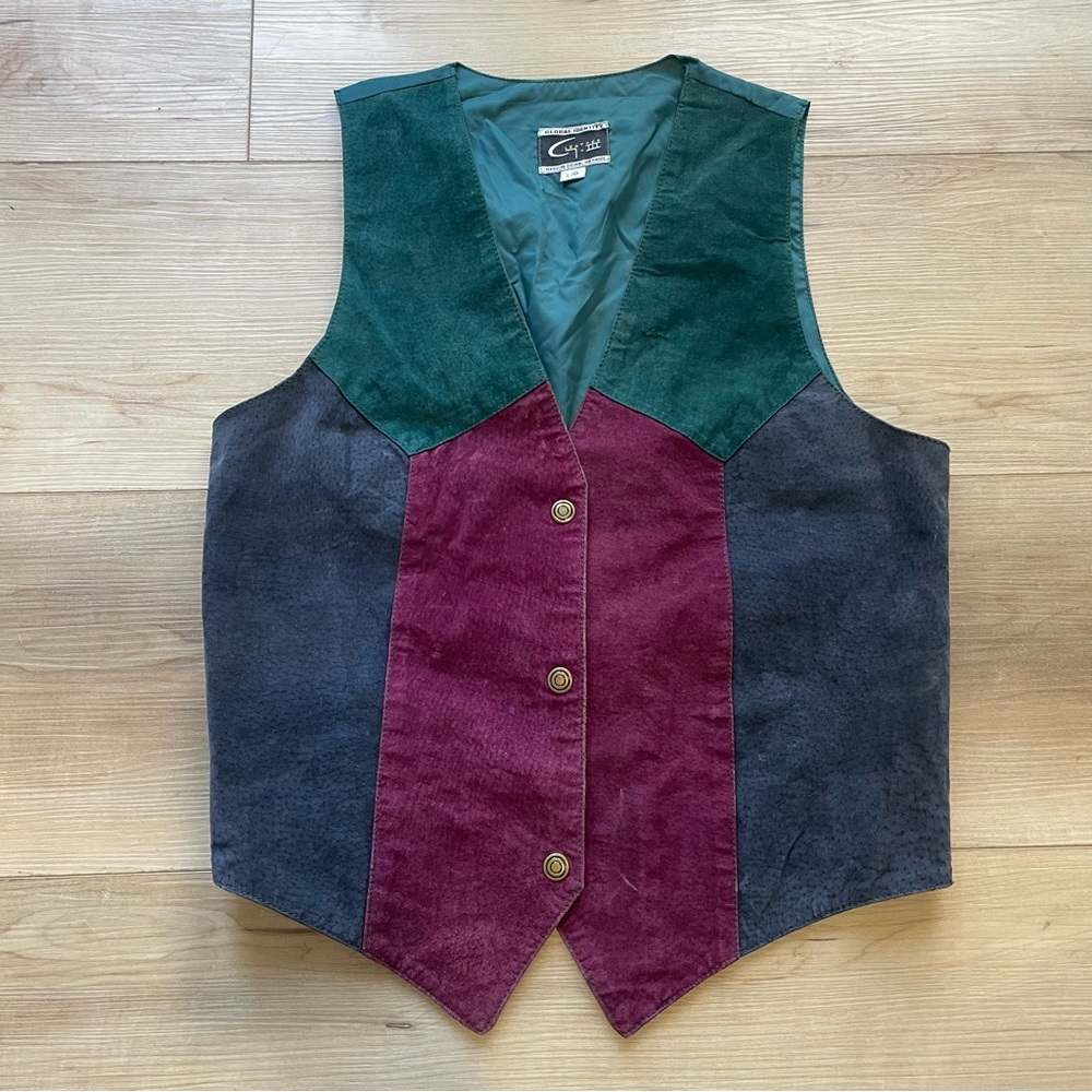 Vintage Multi-Color Suede Vest - Green, Burgundy & Black